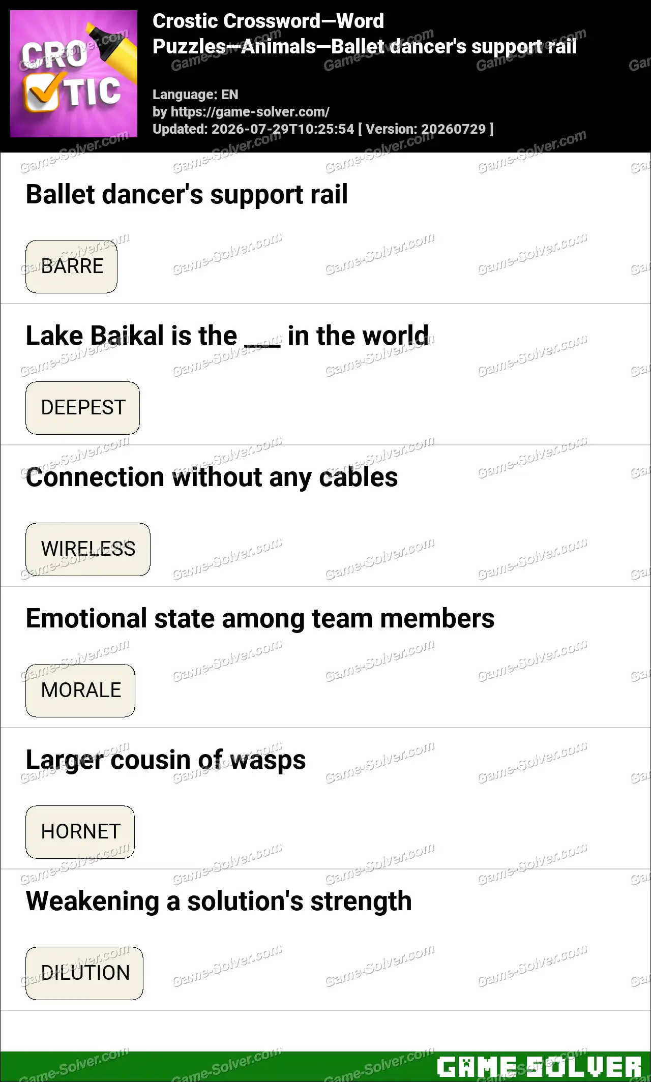 Crostic Crossword-Word Puzzles-Animals-Ballet dancer’s support rail